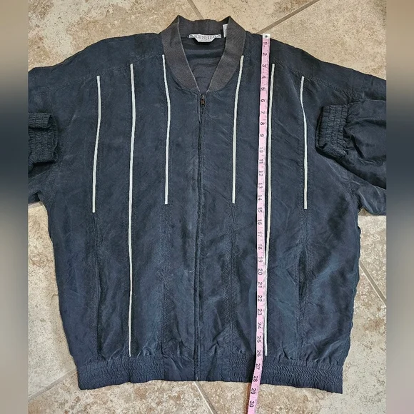 Genelli Mens L Bomber Jacket Black Silk White Stripe Zip Vintage 80s Minimalist - Picture 7 of 7